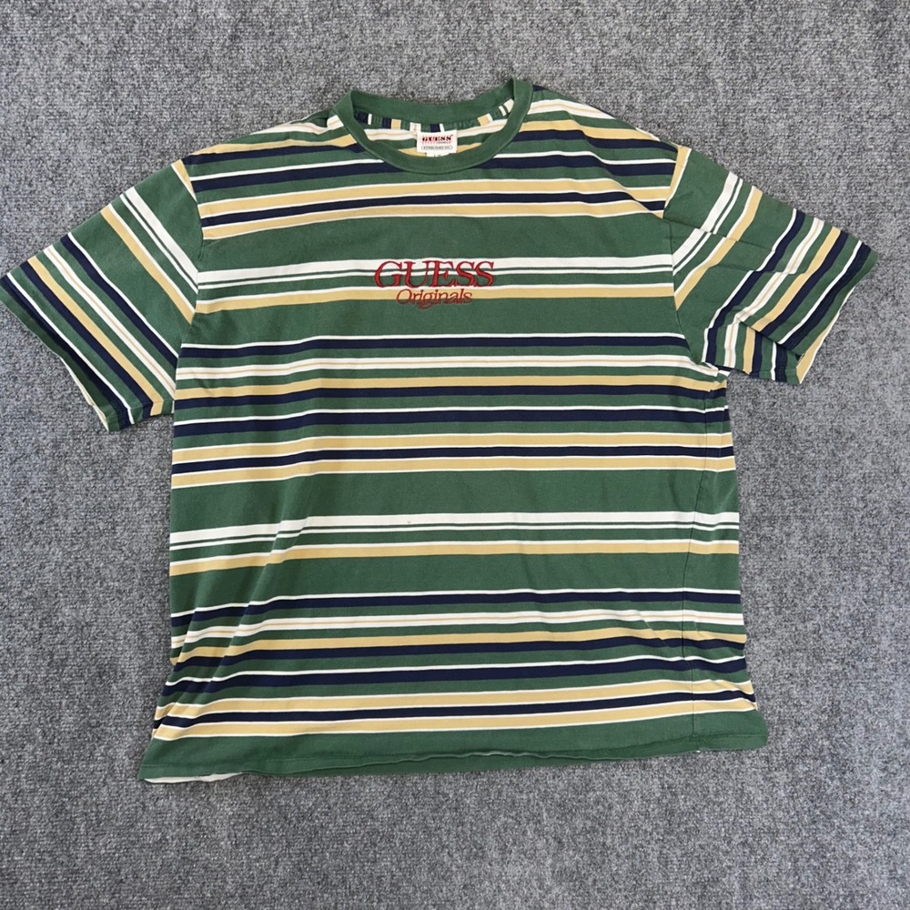 Guess Originals Mens Green Striped Short Sleeve Logo T-Shirt Large